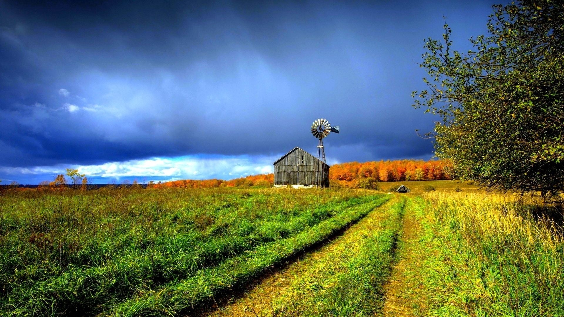 FARM HOUSE WINDMILL Autumn Field Landscape Wallpaper