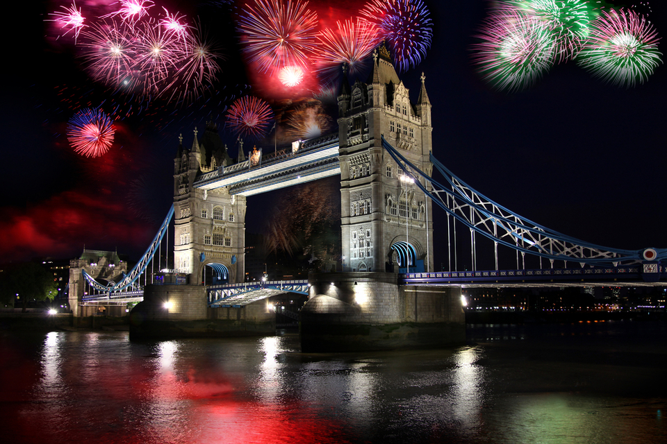 Tower bridge with firework, celebration of the New Year in London, UK