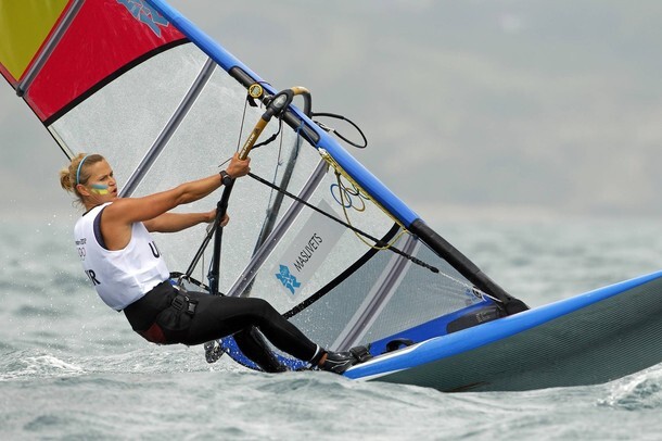 Ukraine's Olha Maslivets stands on her windsurfing board during the first race of the RS-X class at the London 2012 Olympic Games
