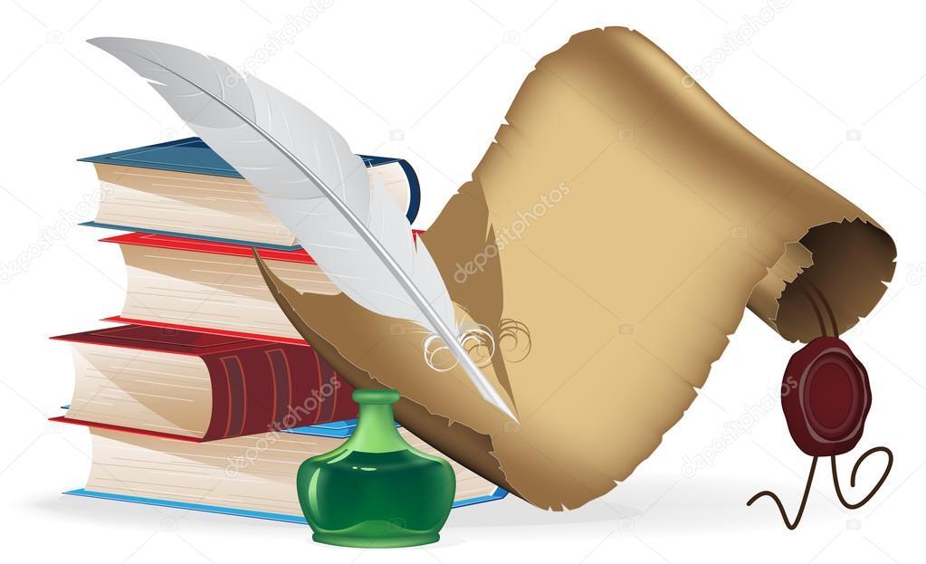 depositphotos_47612127-stock-illustration-books-feather-and-old-paper